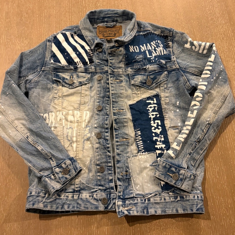 Grindhouse Denim Mens Sz M Distressed Patchwork Jean Jacket Graffiti Streetwear